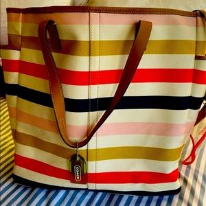 Large Striped Canvas Coach Tote/ Beach Bag